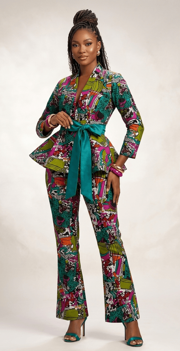 Bespoke Ankara print pantsuit in vibrant multicolored geometric patterns, showcasing a masterfully tailored peplum jacket cinched with a custom teal satin sash, paired with perfectly fitted trousers.