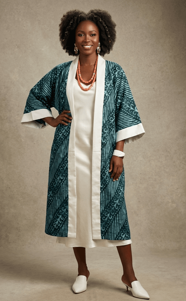 Artisanal teal and white patterned duster coat with crisp white contrast lapels and folded cuffs, draped elegantly over a custom-fitted white silk midi slip dress.