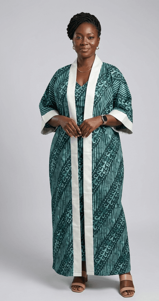 Made-to-measure floor-length gown crafted from hand-dyed teal and white patterned fabric, detailed with a bold, structured white placket running down the center and matching statement cuffs